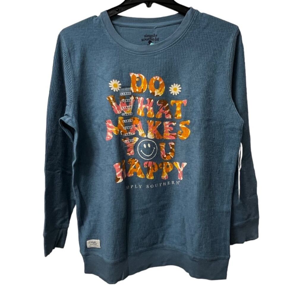 Simply Southern Do What Makes You Happy Blue Ribbed 70’s Retro Vibe Sweatshirt